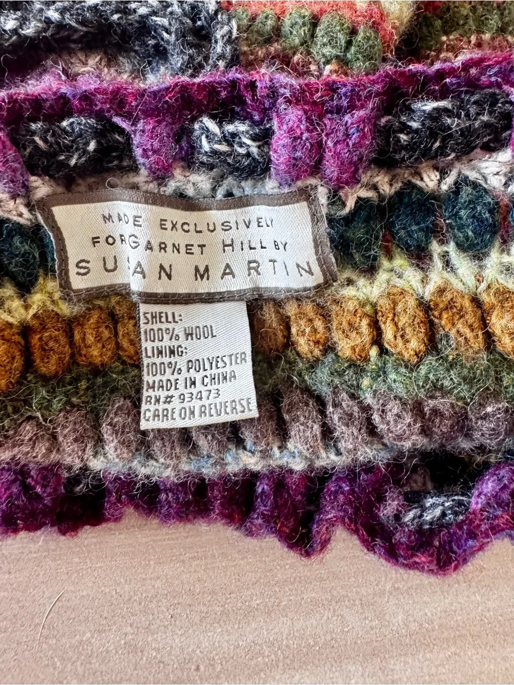 Susan Martin for Garnet Hill 100% Wool Crochet Bucket Shoulder Bag Boho